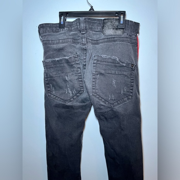 SMUGGLER’S MOON SUPER SKINNY BLACK DISTRESSED JEANS WITH REFLECTIVE TRIM. 34 - Picture 5 of 11